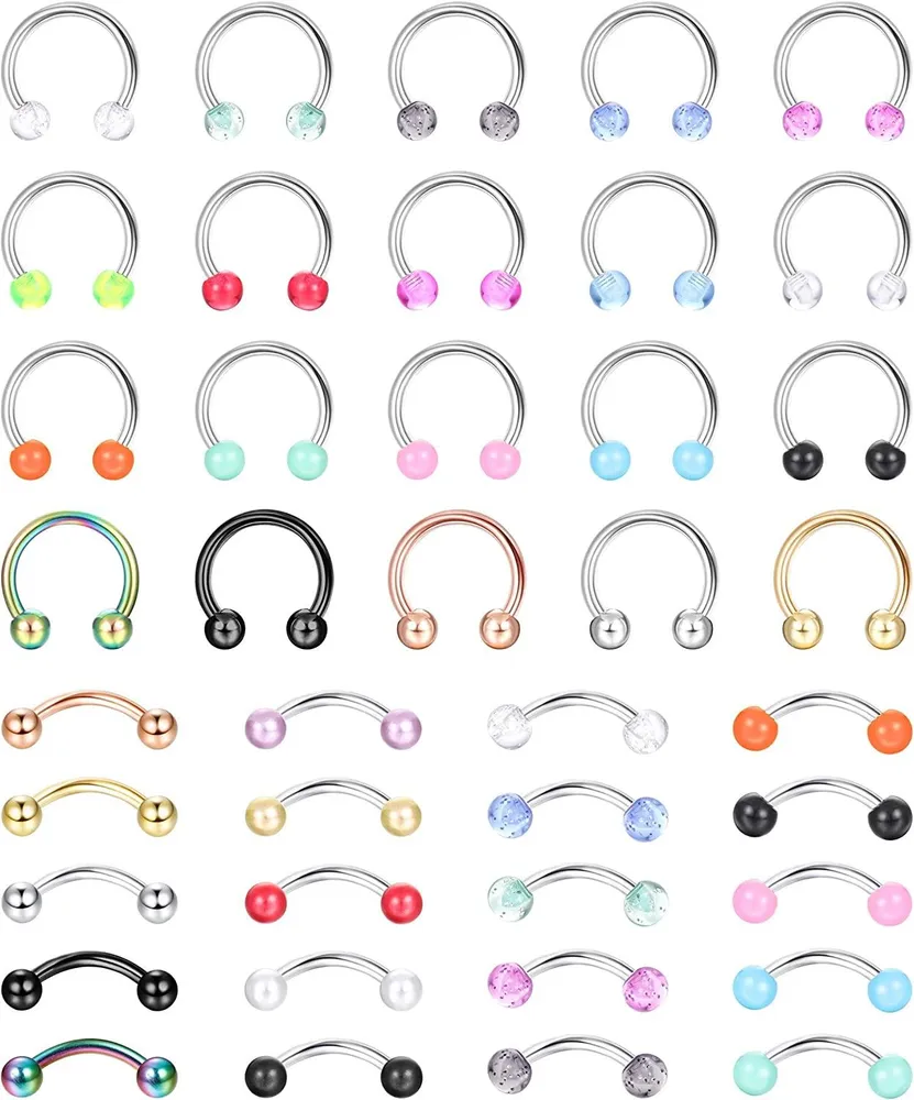 40 Stück 16G Edelstahl Hufeisen Nase Septum Augenbrauenringe Piercings Daith Rook Knorpel Helix Tragus Ohrringe Barbell Lippen Zunge Piercing für Frauen Männer