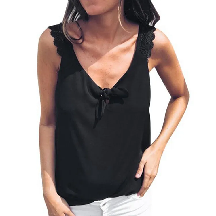 3 Farbe Neue Ankunft Damen Mode Solid Color V-Neck Slim Fit Bandage Casual Elegant Lace Patchwork Ärmellos Tank Top Plus Size Pullover Chiffon Blouse