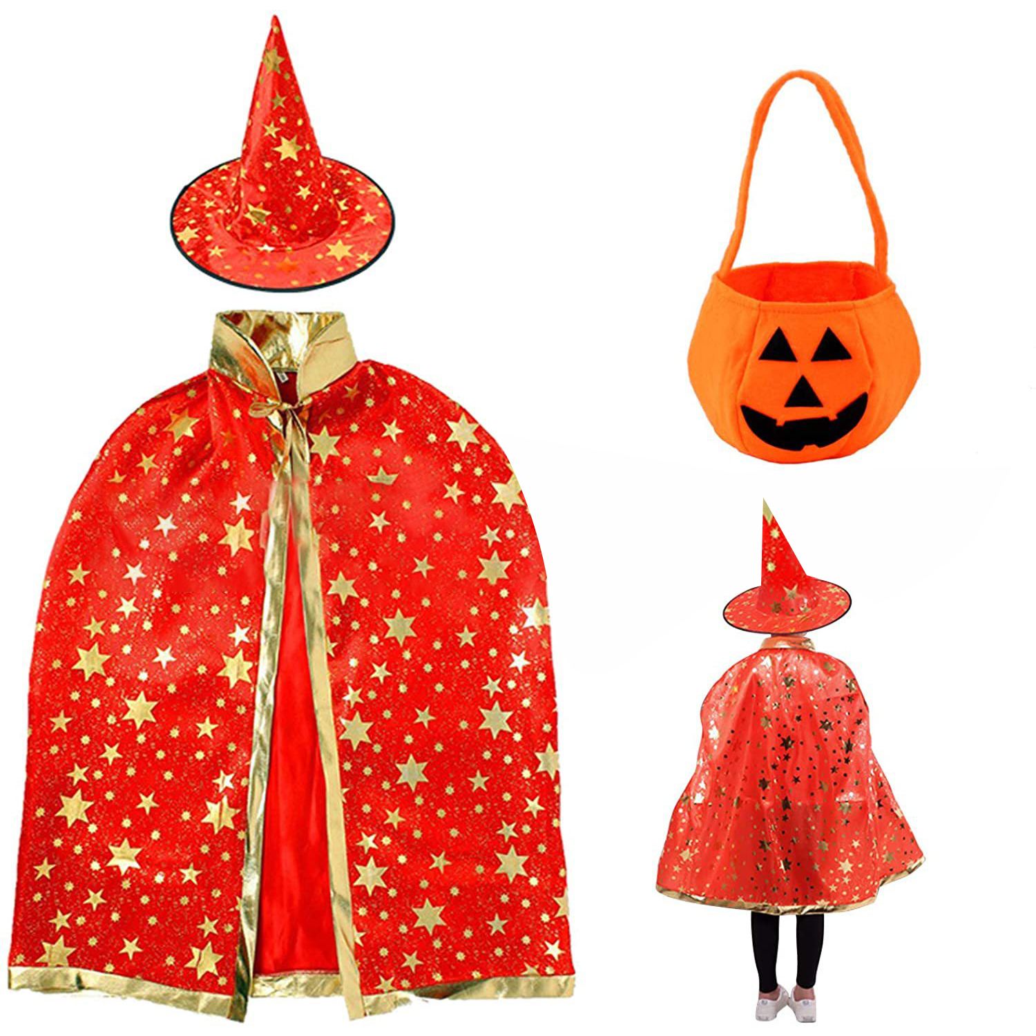 Kids Halloween Wizard Mantel mit Hut und Kürbisbeutel