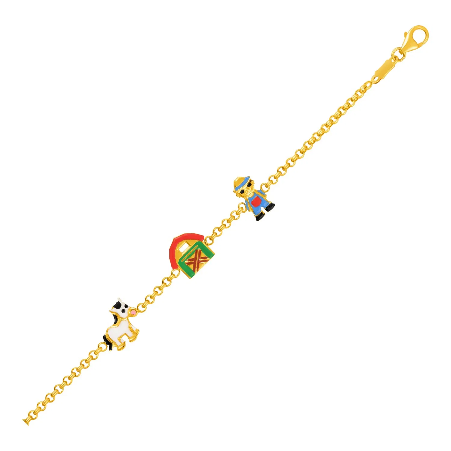 14 Karat Gelbgold Kinder Armband mit Emaillierten Farm Figuren