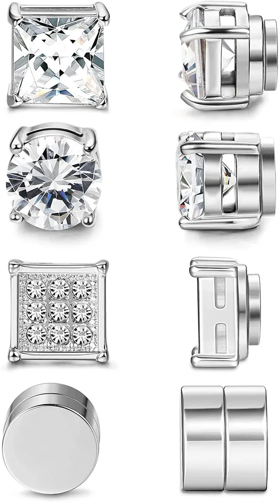 4 Paare Edelstahl Magnetische Stud Ohrringe für Männer Frauen Silberton CZ Non-Piercing Clip On Stud Ohrringe Set 6MM