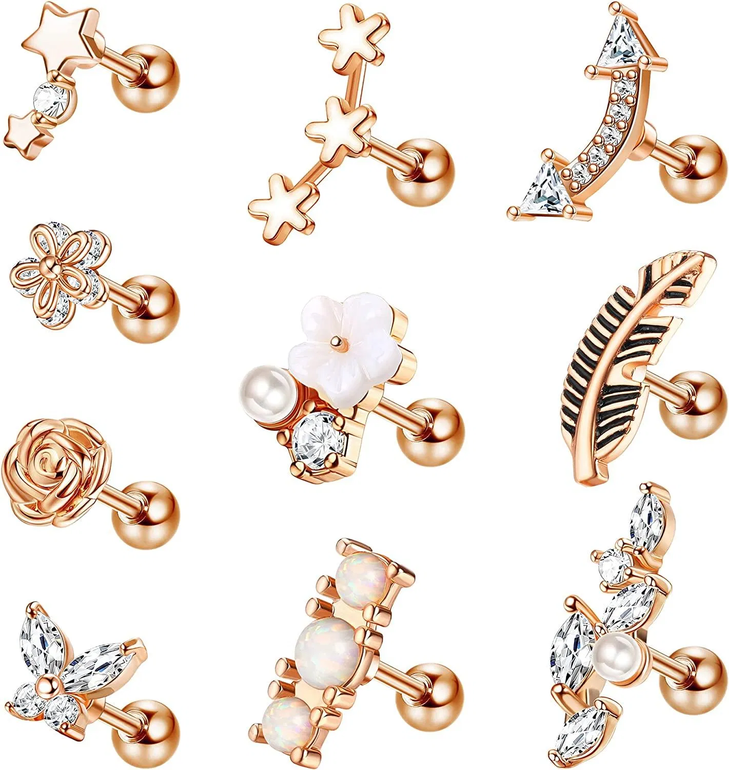 16G Tragus Ohrringe für Frauen Edelstahl Cubic Zirkonia Knorpel Ohrring Blatt Blume Opal Forward Daith Conch Helix Tragus Piercing 10Pcs