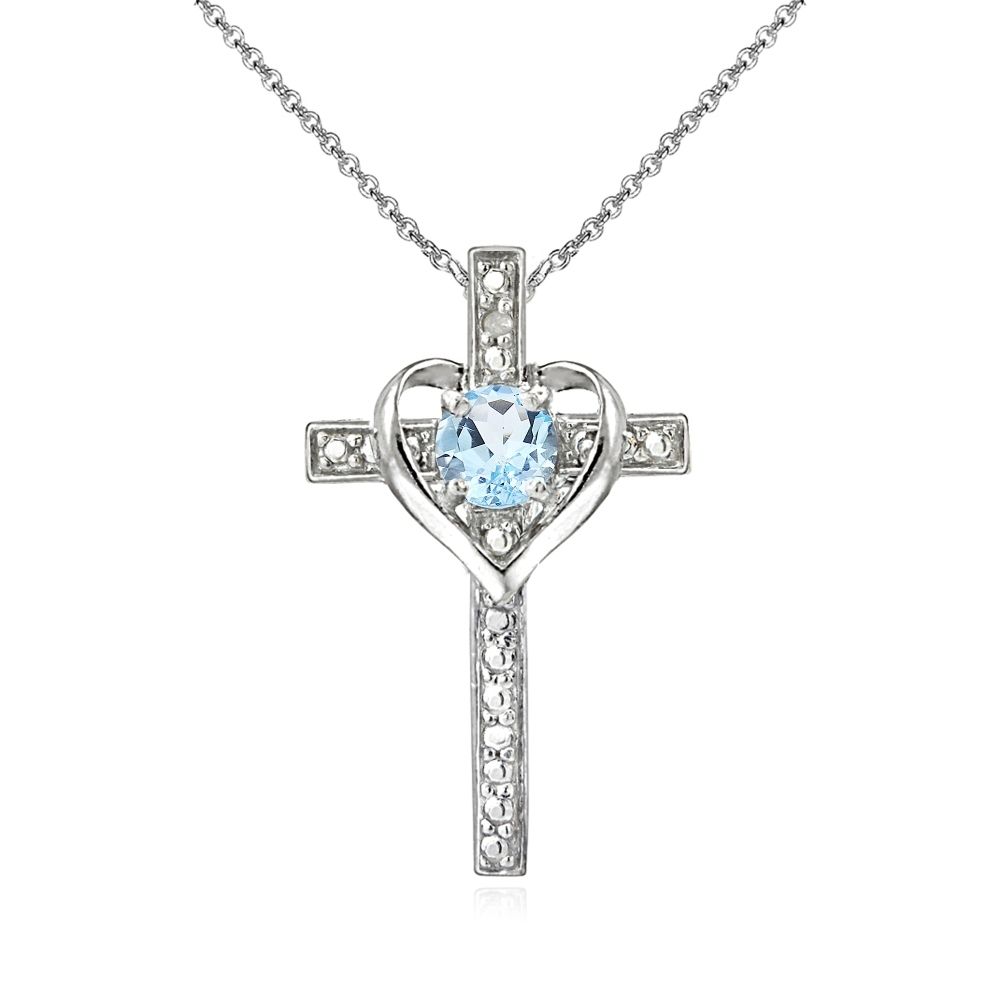 Sterling Silber Blau Topaz Kreuz Herz Anhänger Halskette