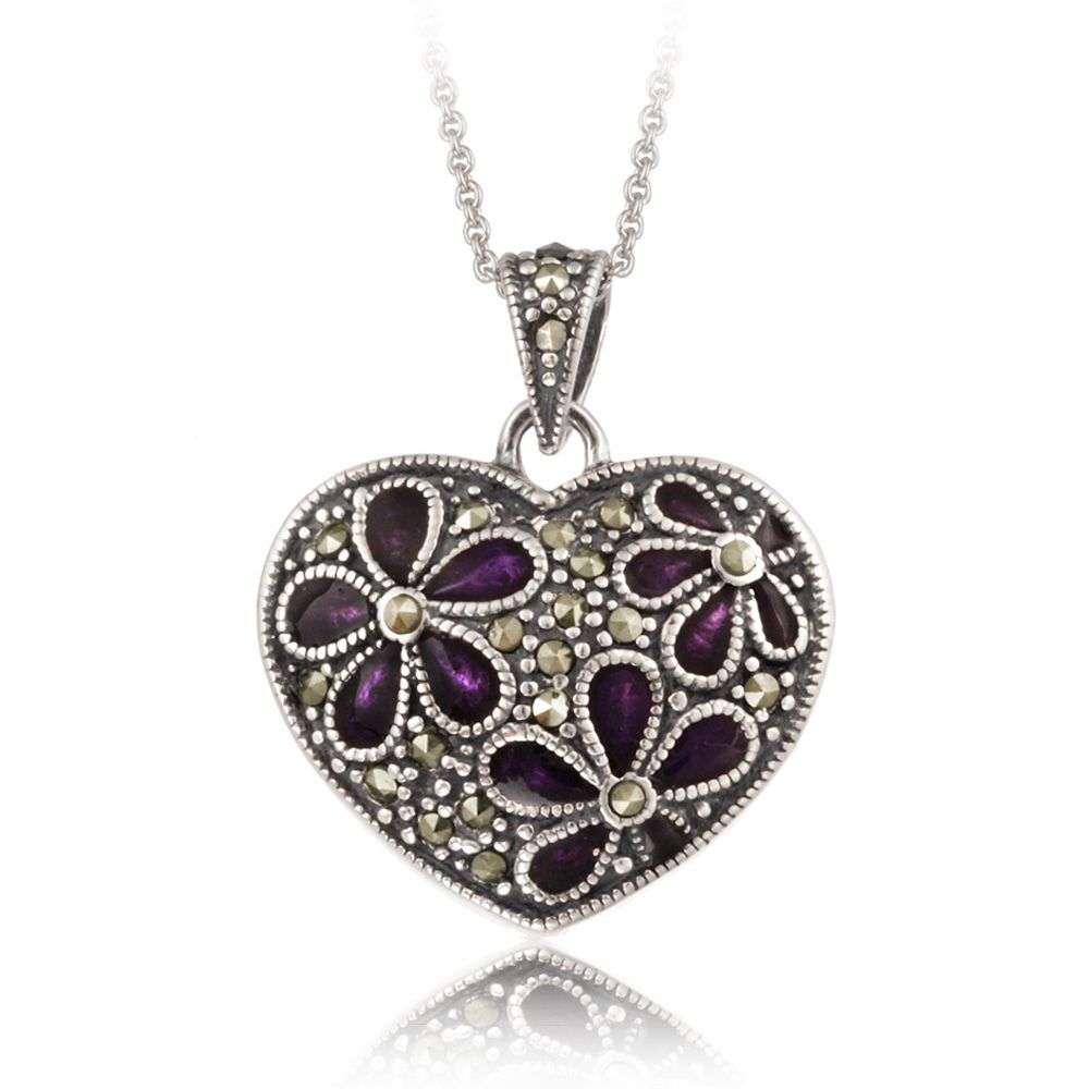 Sterling Silber Marcasit & Purple Enamel Blume Herz Anhänger
