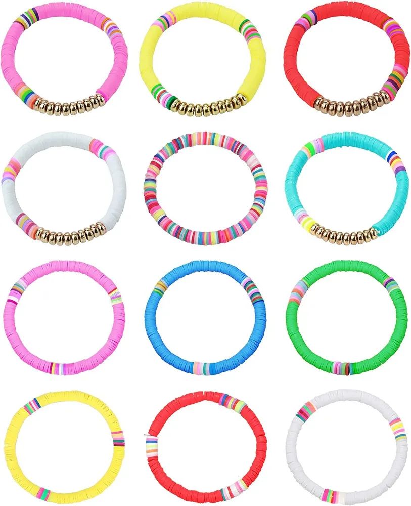 12pcs Heishi Surfer Armbänder für Frauen farbenfrohe Freundschaft Vsco Boho Perlen Armband Stackable Regenbogen Armband Polymer Ton elastisches Seil Armband Sommer Strand Schmuck