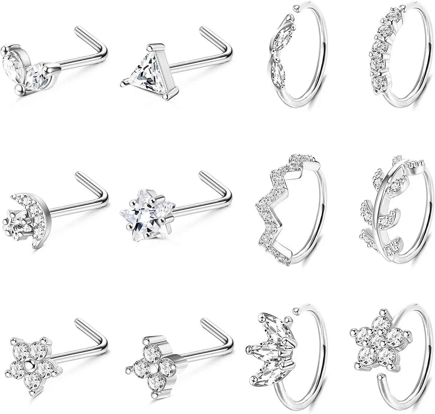 12PCS 20G Edelstahl Nasen Ringe Hoop Stud Set für Frauen CZ Schmetterlingsblume Blätter Nasenring Nasen Ohr Knorpel Piercing Schmuck