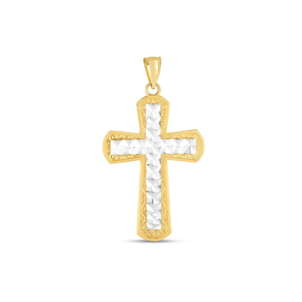 14 Karat Zwei-Ton - Gold High Polish Diamond Cut Cross Anhänger