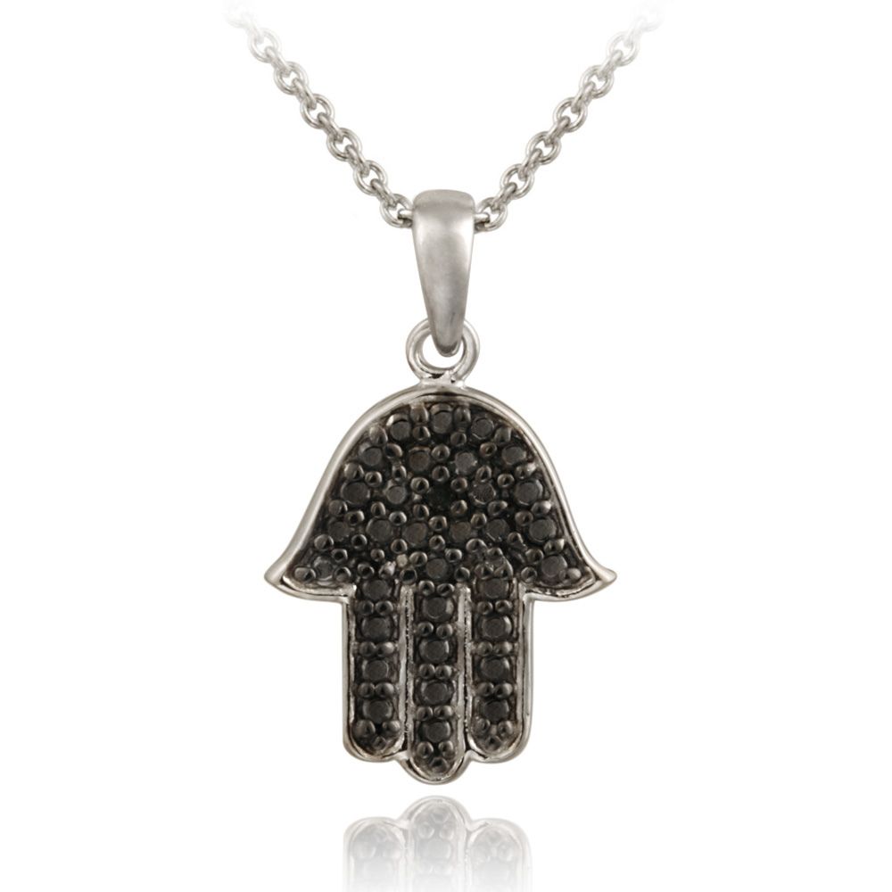 Sterling Silber Schwarz Diamant Akzent Hamsa Hand Anhänger