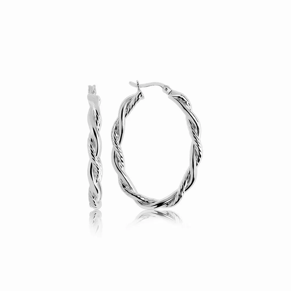 Sterling Silber Oval Hoop geflochtenen Diamant Cut Ohrringe (4x22mm)