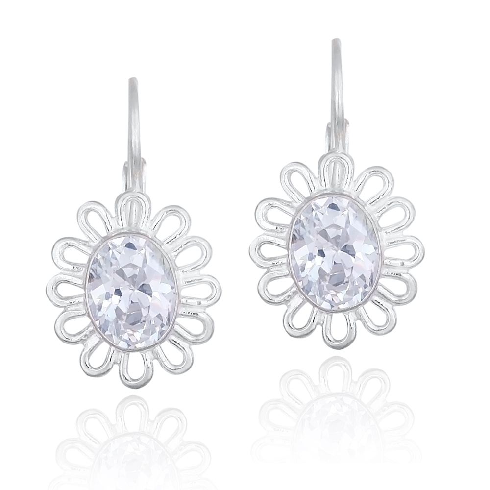 Sterling Silber Oval Prong Set Simulierte Diamant cz Blumen HebelBack Lever Rücken Ohrringe