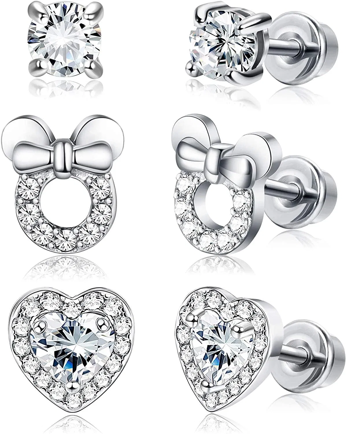 3 Paare Screwback Ohrringe für Frauen Herz CZ Stud Edelstahl Ohrringe Set
