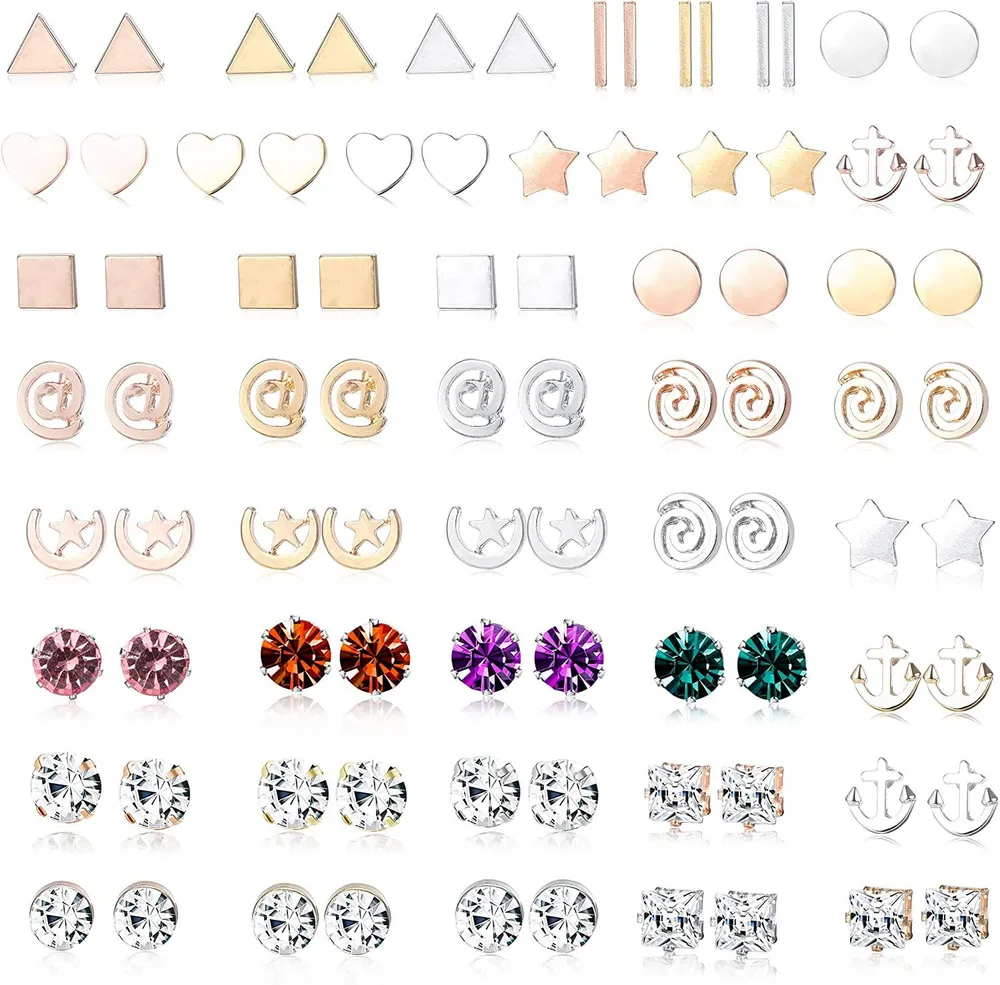 43 Paare Assorted Multiple Stud Ohrringe Set für Frauen Mädchen Quadrat Dreieck Bar Stern Kreis Mond Geometrische Blatt Pfeil Bogen CZ Ball Faux Pearl Simple Ohrringe Set