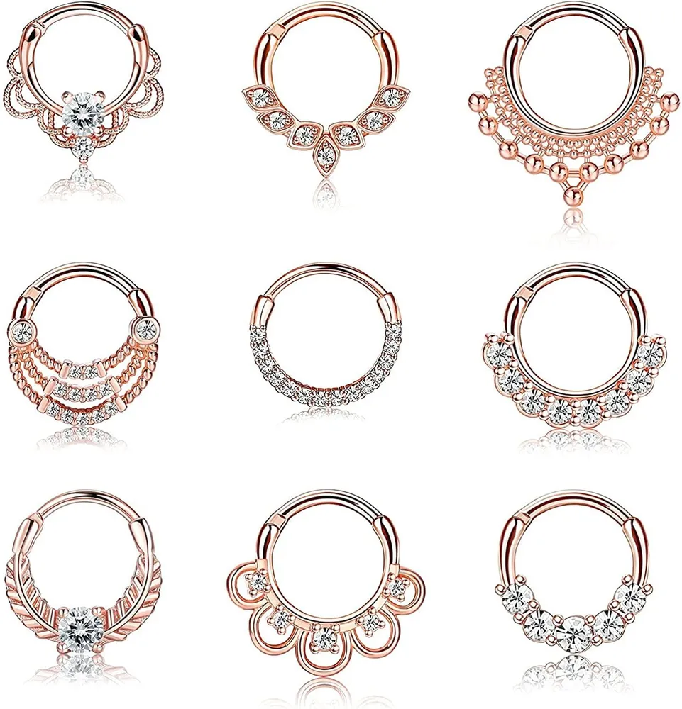 9PCS 16G Septum Ringe CZ Daith Piercing Edelstahl Knorpel Helix Tragus Ohrringe Scharnier-Hoop - Nasenringe Septum Clicker Ringe Piercing