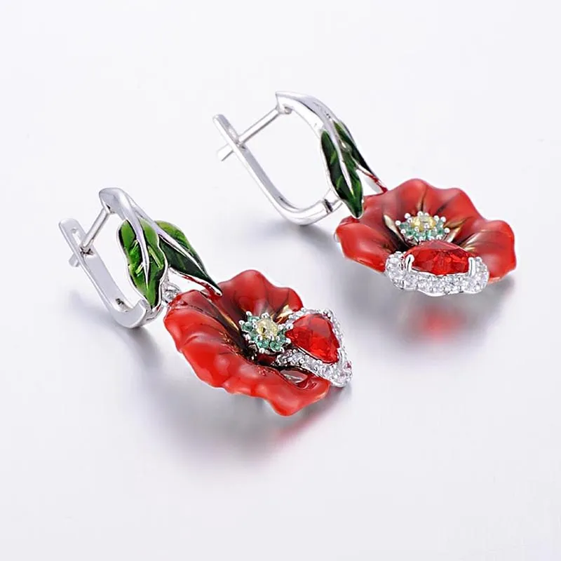 Rote Blume Zircon Dangle Ohrringe für Frauen Romantik Hochzeitsparty Schmuck