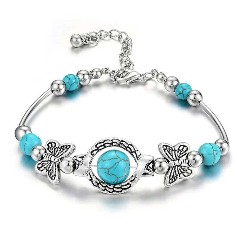 Charme Vintage Schmuck Silber Natürlicher Türkis Frauen Mädchen Schmetterlings Armband Ketten Perlen Armband & Armband Hochzeitsgeschenk