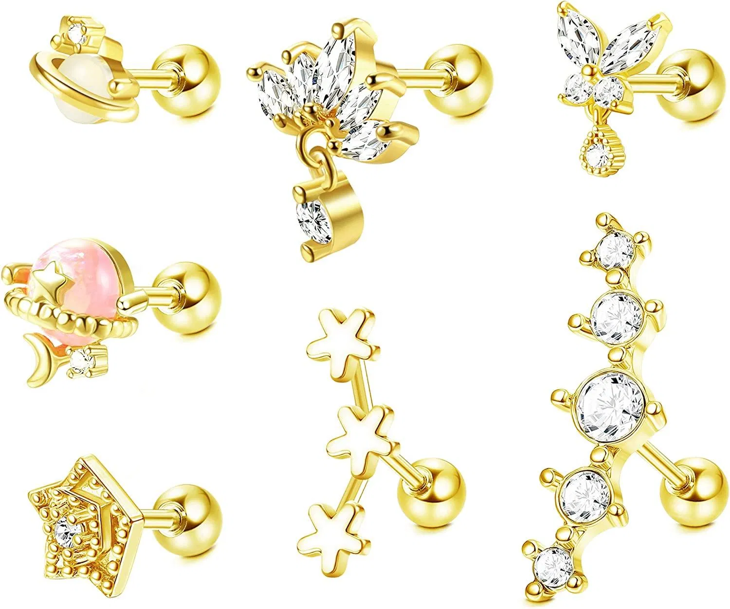 7 Stück Knorpel-Ohrringe für Frauen Männer Helix Piercing Knorpel-Ohrring Stump Stern Mond Blume CZ Tragus Ohr Piercing Edelstein Knorpel-Ohrring Set