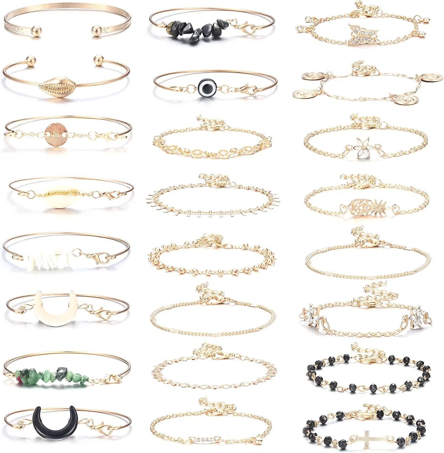 24 Pcs Armbänder für Frauen offene Manschette Armbänder geschichtlich gestapelbare Gold Armbänder Set Evil Eye Armbänder