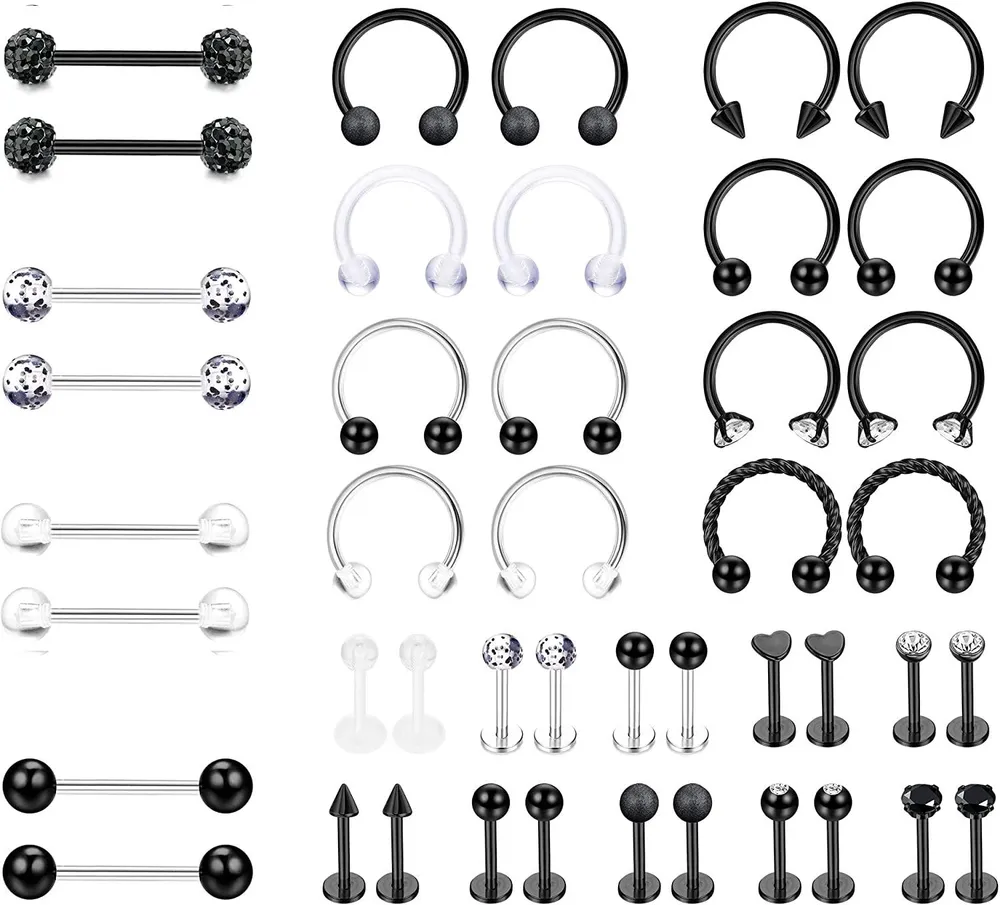44 Stück 8 / 10mm Lippenringe Chirurgische Hufeisen Septum Ring Labret Barbell Piercing Tragus Helix Nipple Cartilage Septum für Frauen Männer