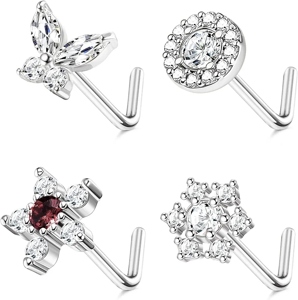 4Pc 925 Sterling Nose Studs Frauen Männer 20G L Form Nasenringe CZ Mond Stern Blumen Schmetterling Schraube Nasen Piercing Schmuck