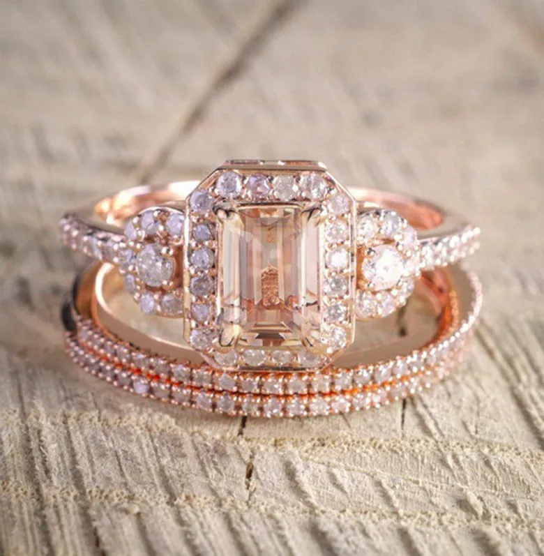 Neues Produkt Hot Sale 18K Rose Gold Plated Ring Set, Europäische und Amerikanische Mikro-Einlaid Verlobungsring, Weibliche Cross-Border Quelle
