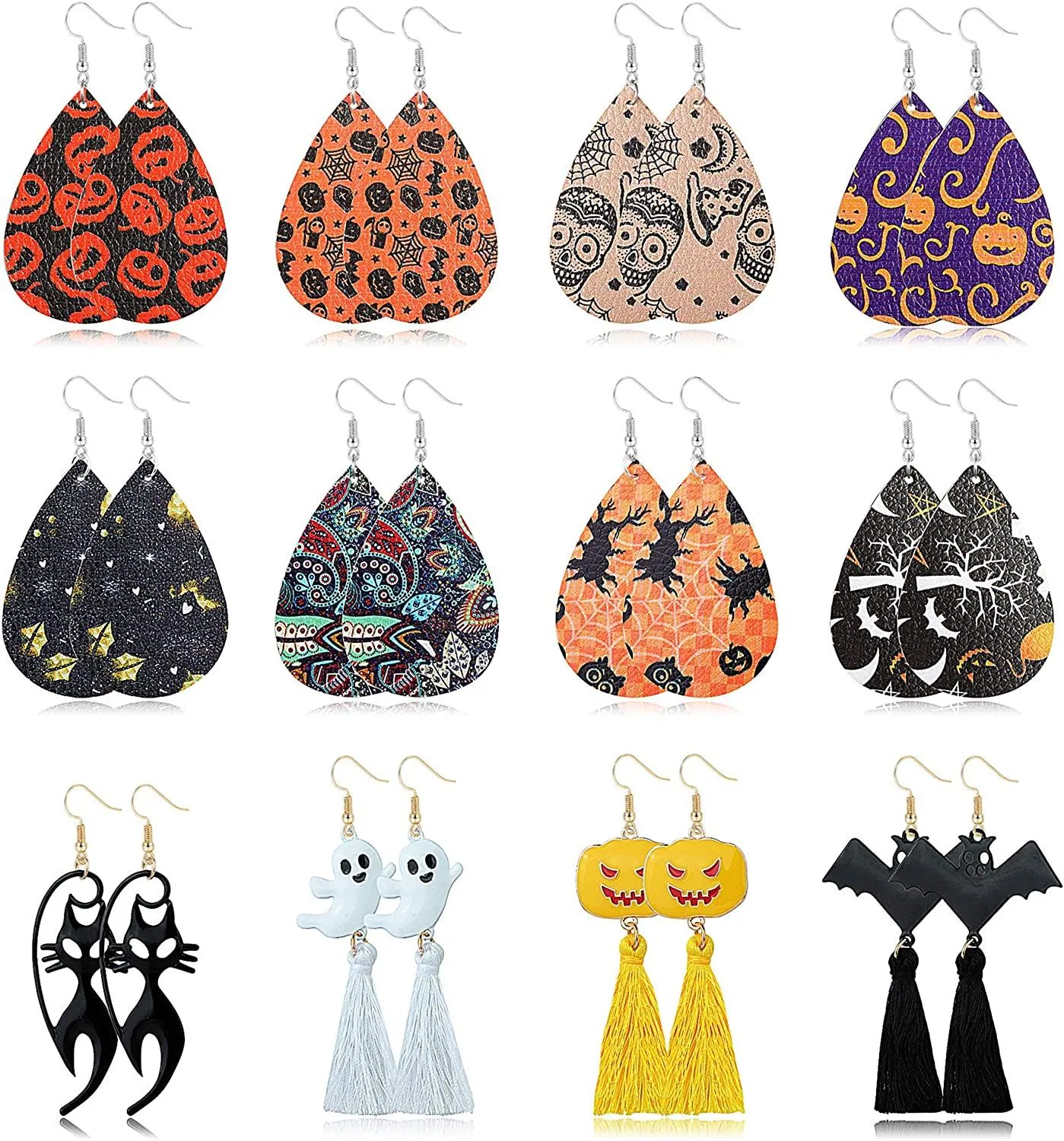 12 Paare Faux Leather Teardrop Ohrringe Set für Frauen Leichtgewicht Kürbis Bat Katze Spider Alien Web Dangle Ohrringe