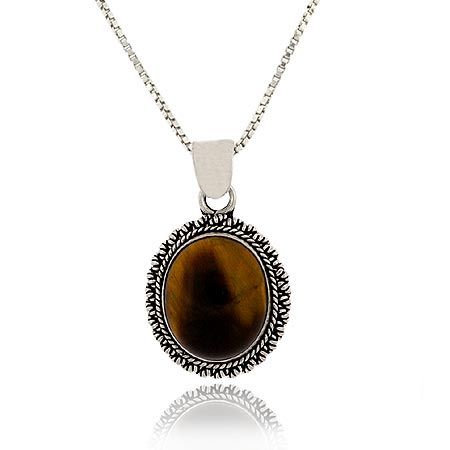 Sterling Silber Echt Tiger Auge Stone Twist Border Oval Anhänger