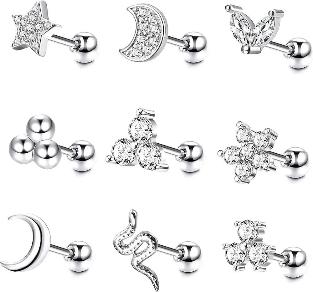 9pcs Knorpel Ohrringe Helix Tragus Ohrringe CZ Mond Stern Schlange Blume Schraube Rücken Ball Stud Edelknorpel Ohr Piercing für Frauen Männer