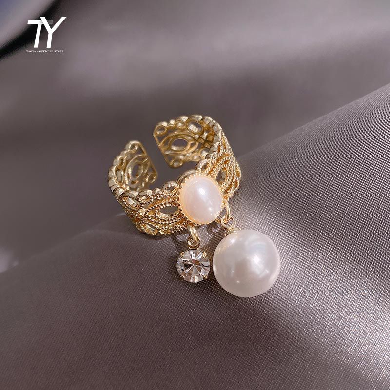 Französisch Retro Elegant Perl-Gold - Farbe Öffnungsringe Für Frau 2021 Koreanische Mode Schmuck Hochzeit Mädchen Sexy Finger Accessoires