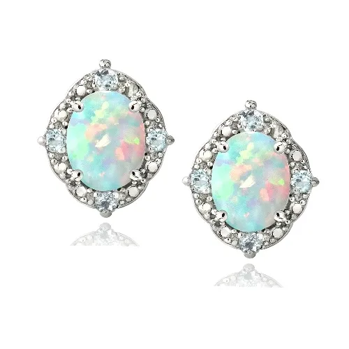 Sterling Silber Diamant Akzent geschaffen Weiße Opal & Blau Topaz Oval Stud Ohrringe