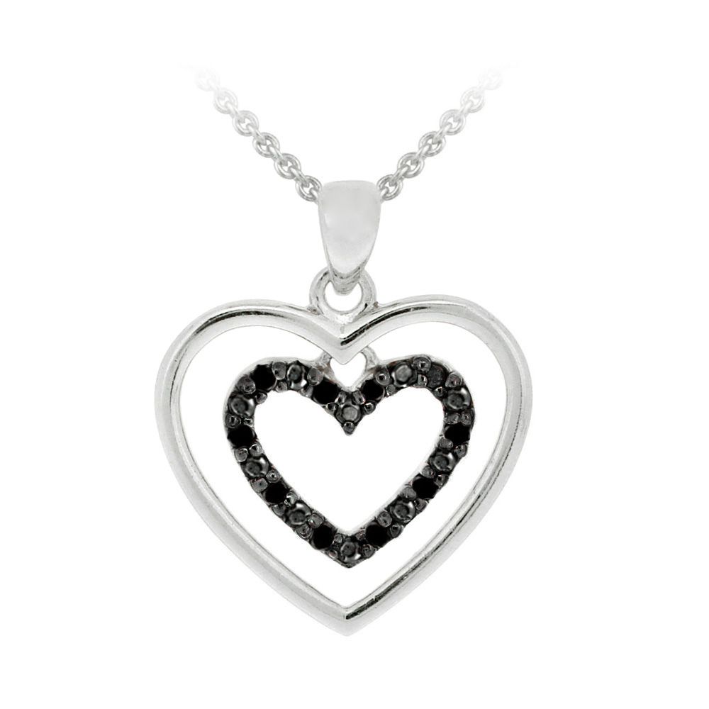 Sterling Silber .10ct schwarzer Diamant Doppelherzen Halskette