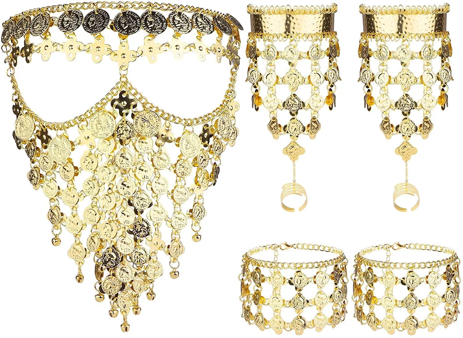 Bauchtanz Schmuckset für Frauen Cosplay Gold / Silber Münzen Schleier Dreieck Armbänder mit Ring und Münze Ankleß Halloween Karneval Tanz Spiel Accessoires mit indischem Stil Zigeunerschmuck
