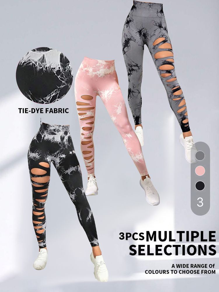 3 Pack Damen Krawatte Färbung Cutout Strümpfe High Waist Workout Yoga Leggings, Scrunch Butt Lifting Elastische Hosen, Damen High Waist Yoga Pants Cutout Ripped Tummy Control Workout Laufen Yoga Skinny Leggings