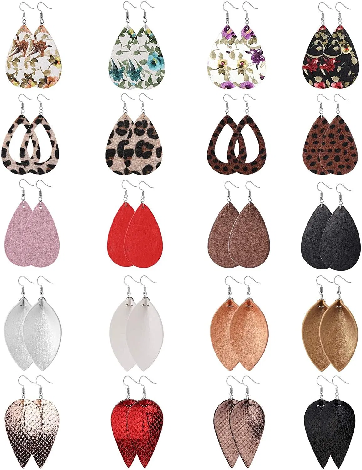 20 Paare Leder Tränentropfen Dangle Ohrringe für Frauen Petal Leopard Print Leaf Drop Antique Leichtgewicht Ohrringe