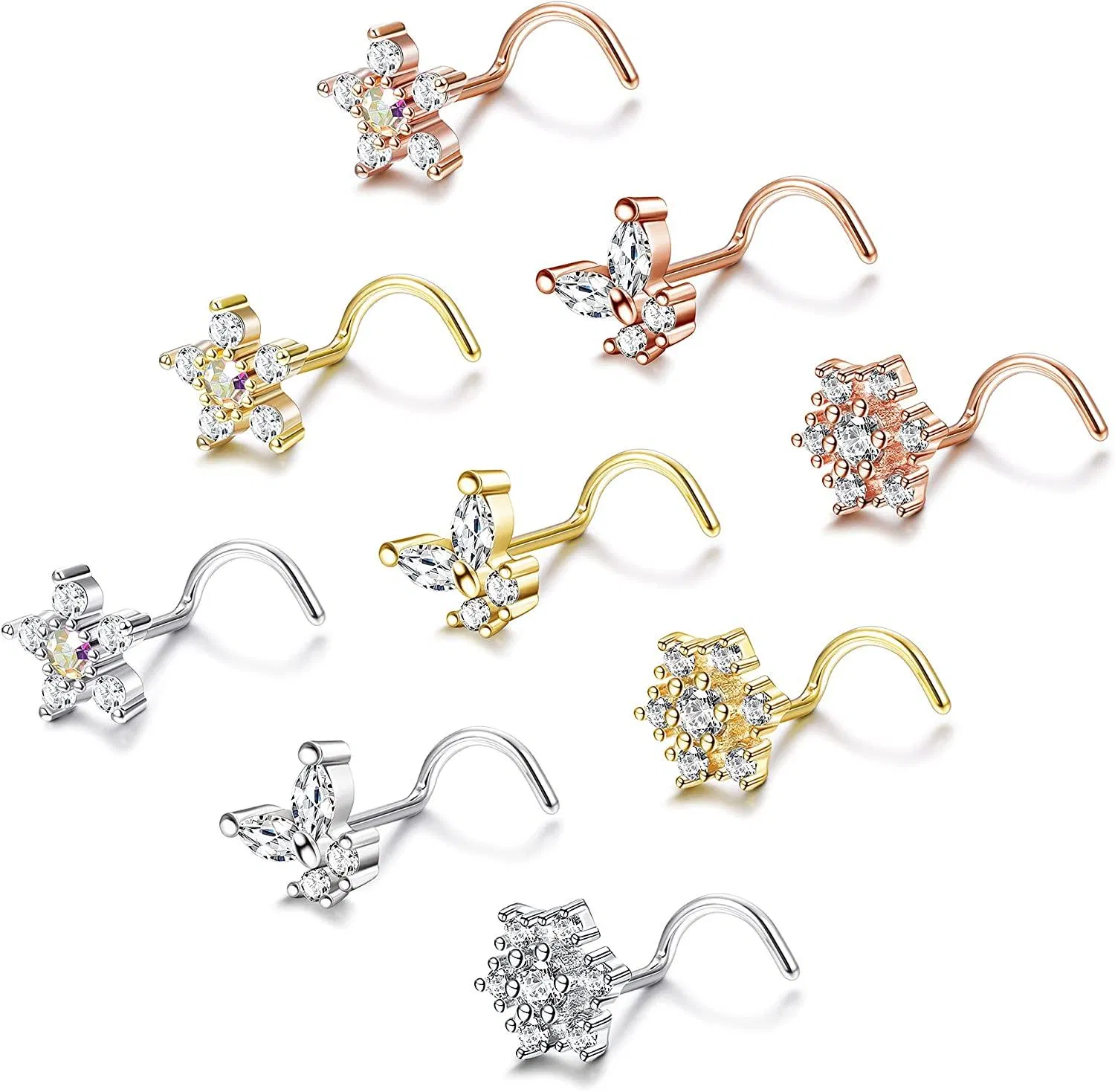 20G Nasenringe Stud L-geformte Nasenringe Schraube Nasenringe 316L Chirurgische CZ Nasenringe Schneeflocken Schmetterlingsblume Nasenringe Nasen Piercing 9Pcs