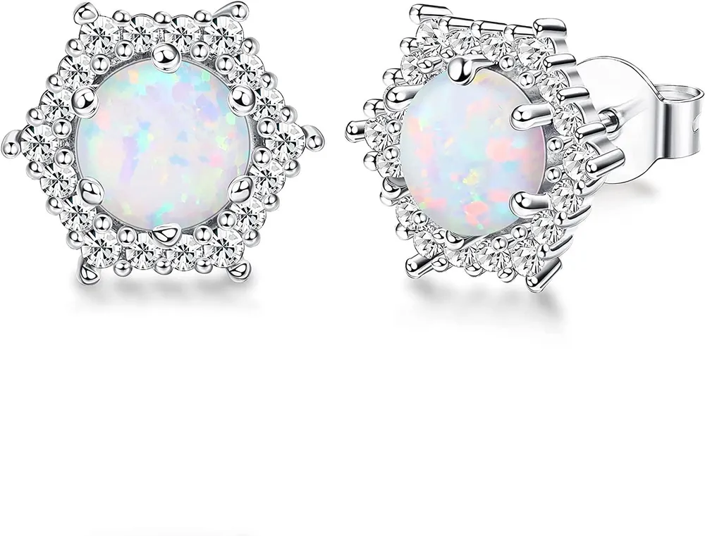 Opal Stud Ohrringe für Frauen 6mm Opal und Kubik Zirkonia Halo Stud Ohrringe Statement Ohrringe Oktober Geburtsstein Ohrringe