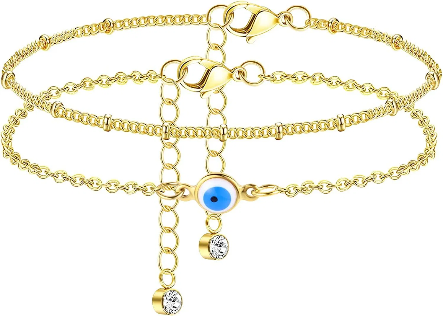 2pcs Ankleber für Frauen 14K Gold beschichtete Edelstahl Ankleber Dainty Doppelschicht Knöchel Armband Schmetterling Ankleber Figaro Kette / Papierklippkette Fuß Sommergeschenke