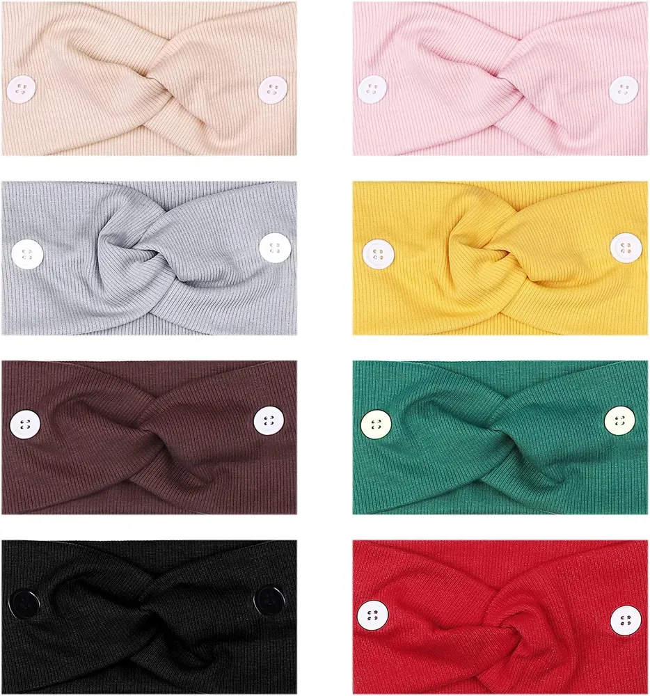 8 Pack Damen gestrickte Stirnbänder mit Knopffarbigen Haarbänder Elastischer Turban Kopf Wrap Schweißband Baumwolle Haarzubehör Ohrschutz Halter für Yoga Sport Workout Outdoor