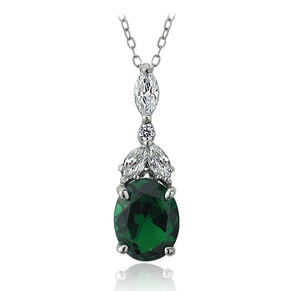 Sterling Silber geschaffen Smaragd & CZ Marquise Oval Halskette