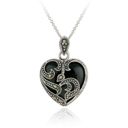 Sterling Silber Marcasite & Onyx Herz Anhänger