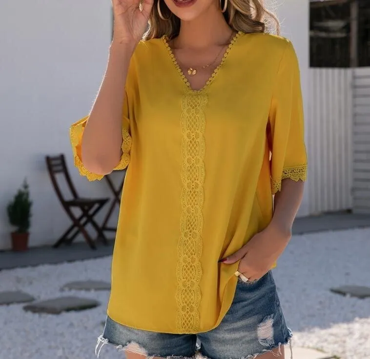 Lace Patchwork V-Neck Short Sleeved Shirt Tops