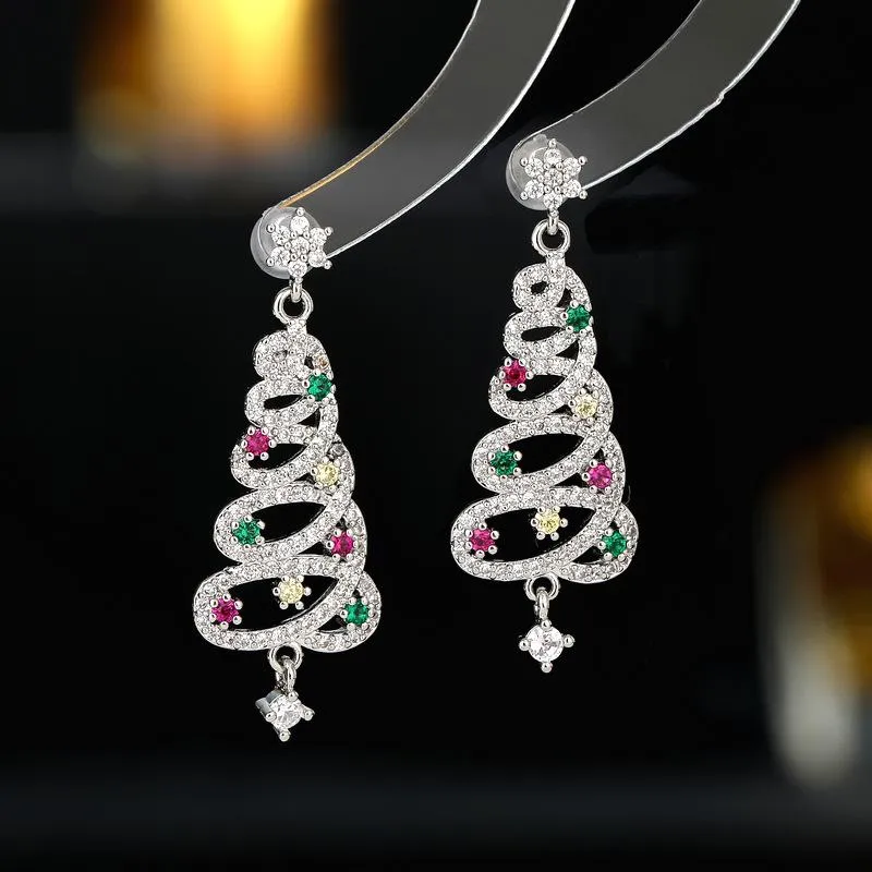 S925 Silber Nadel Urlaub Atmosphäre Ohrringe, Nische Design Zirkon Schneeflocken bunte Weihnachtsbaum Ohrringe