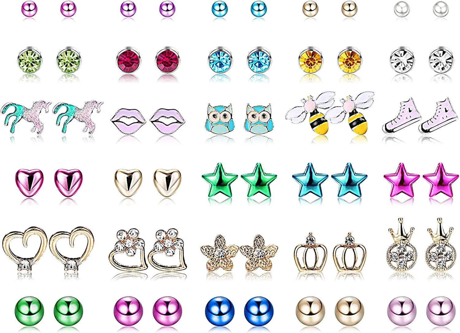 30 Paare Kinder Stud Ohrringe Set Edelstahl gemischte Farbe Blumenherz Pentagramm Krone Bienen Lippen Eule Faux Perle CZ Stud Ohrringe Set für Frauen Mädchen