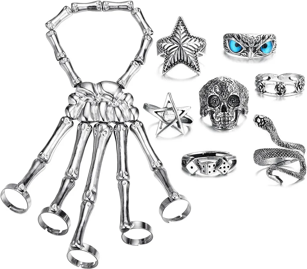 8 Stück Vintage Punk Ringe für Männer Frauen Halloween Schädel Hand Armband mit Ring Armband Schädel Finger verstellbare Aussage Stacking Ringe Halloween Set