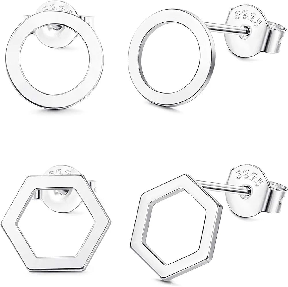 2 Paare 925 Sterling Geometrischer Stud Ohrring für Frauen Minimalismus Kreis Hexagon Ohr Studs Set hypoallergenen Schmuck