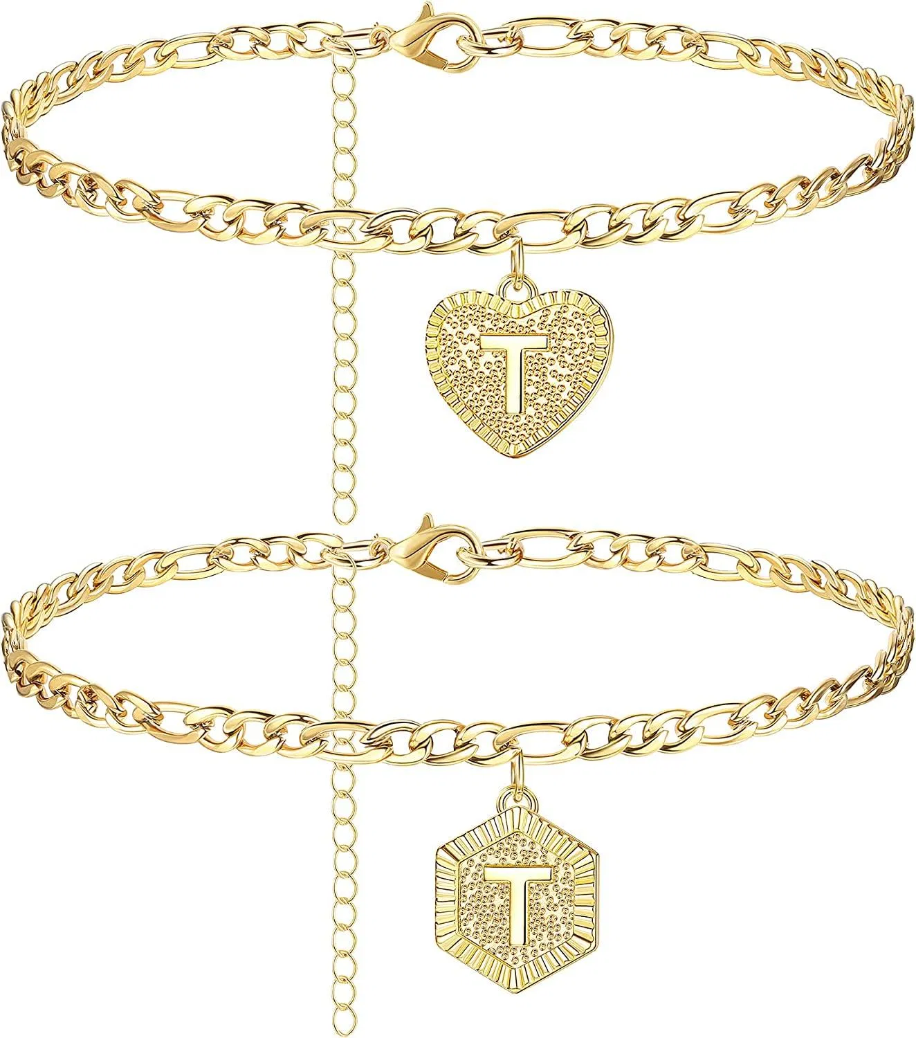 Anfängliche Knöchel-Armbänder für Frauen; 14 - Karat-Gold - Plated Figaro-Kettenbrief Alphabet-Schicht - Ankleck-Armbänder für Teenager-Mädchen Sommer-Beach - Fuß-Schmuck