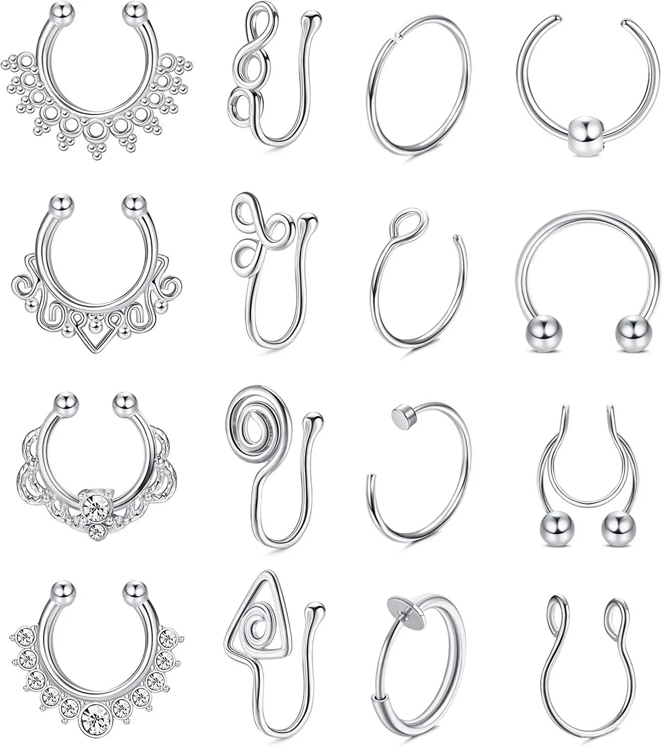 16Pcs Falsche Septum Ringe Falsche Nase Ringe Hoop Edelstahl Faux Lippe Ohr Nasen Manschette Nicht Piercing Körper Piercing für Frauen Männer