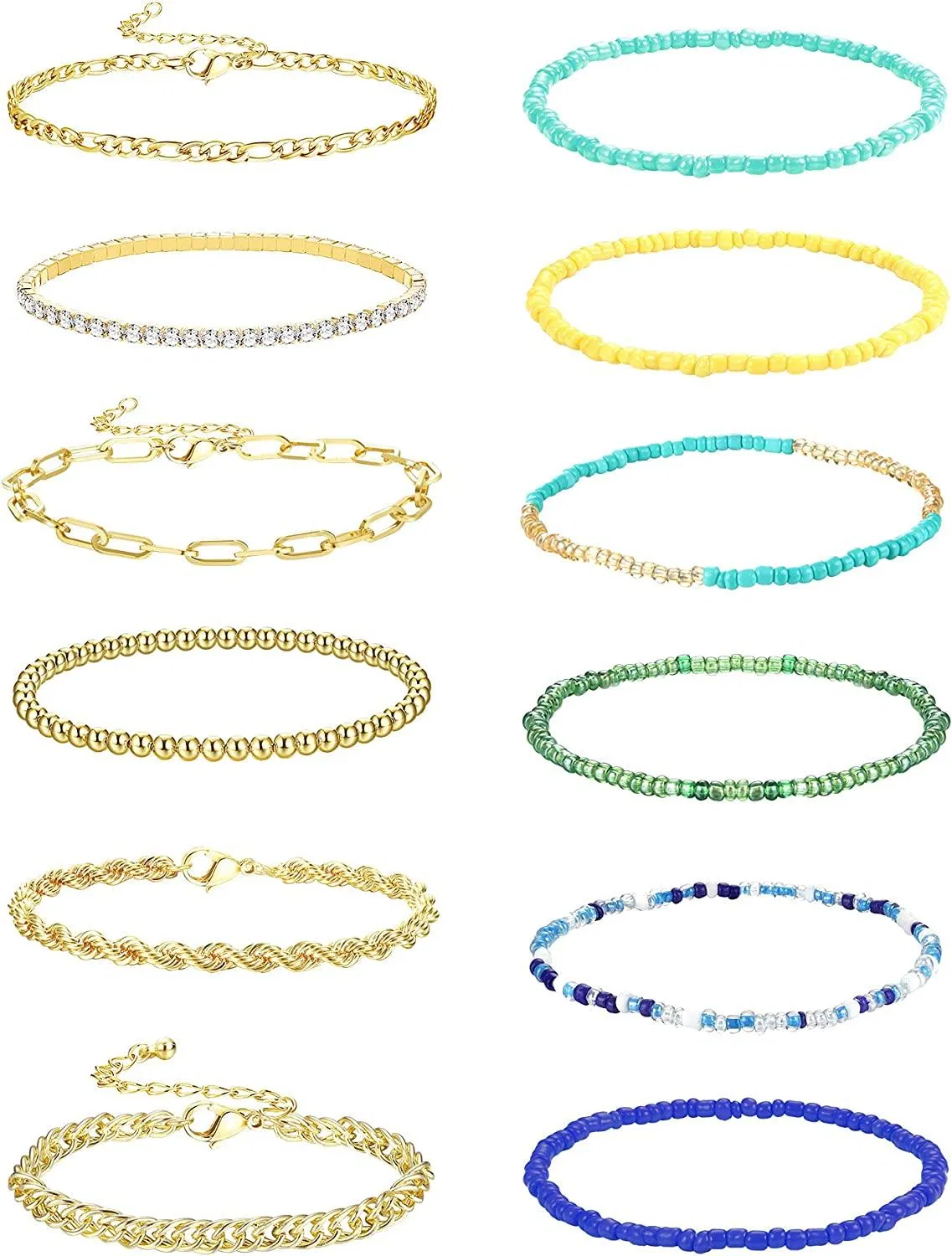 12 Pcs Goldplated Ankleber für Frauen Perlen Knöchel Armbänder Set Schmetterling Fußketten verstellbar süße Ankleber Schmuck