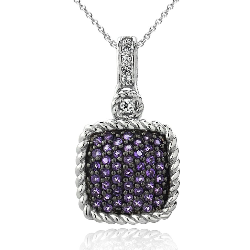 Silberton 1ct Amethyst & weiße Topaz Quadratseil Anhänger Halskette