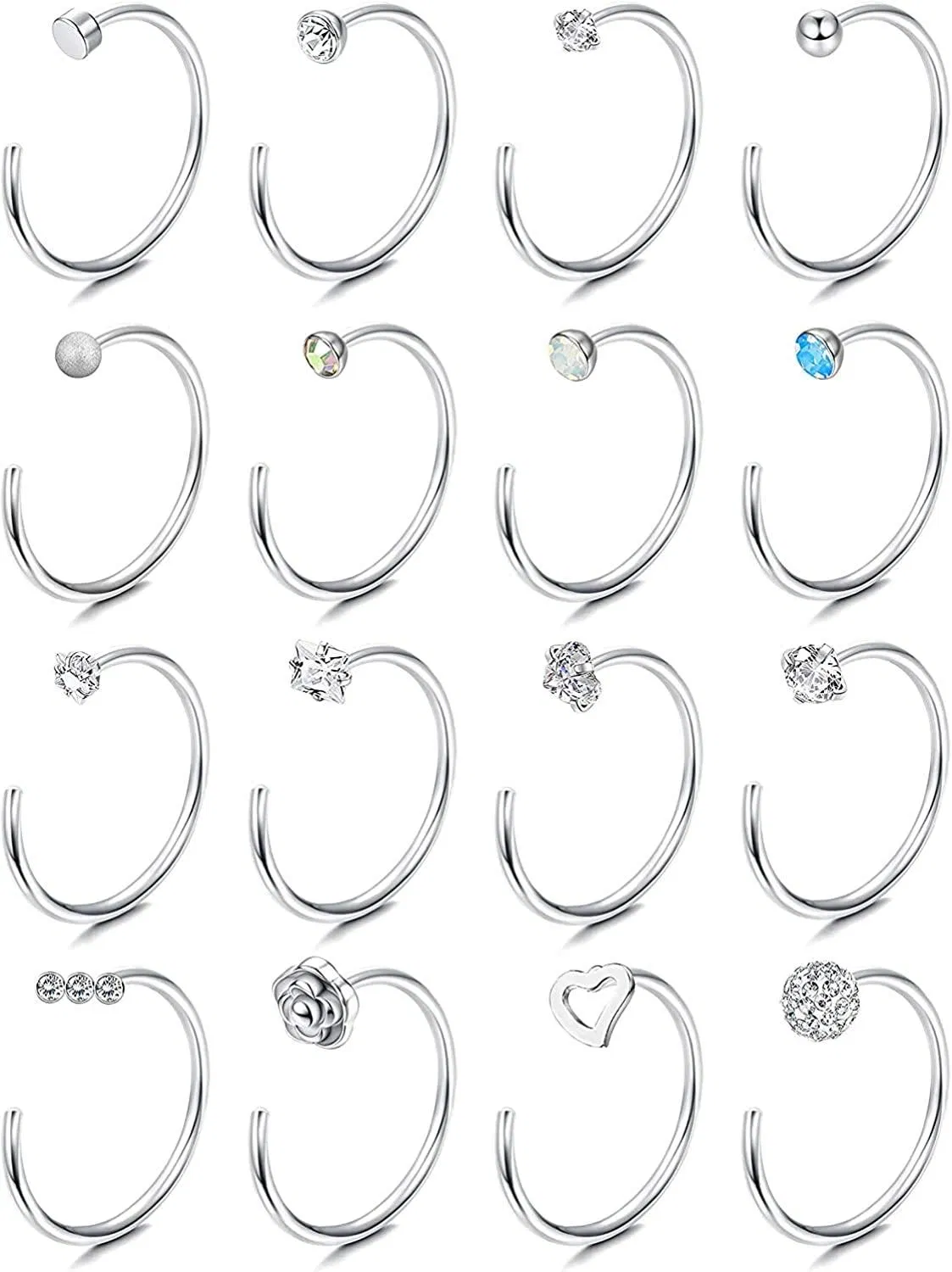 16Pcs 20G Nasenring Studs L Knochenschraube geformte Nasen Studs C-förmige Nasenringe Hoop CZ Nasen Piercing für Männer Frauen