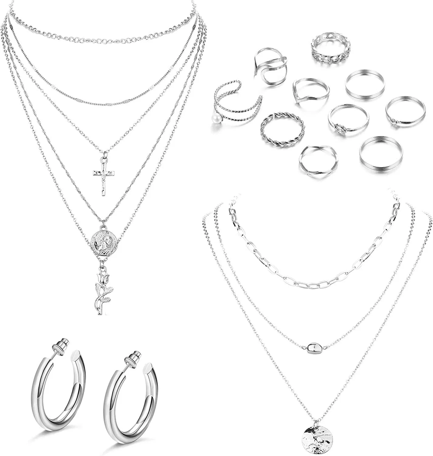 14 Stück Gold und Set mit offenen Schleifen Dicke Gold Ohrringe geschichtete Blumenmünze Halskette mehrere stapelbare Ringe für Frauen